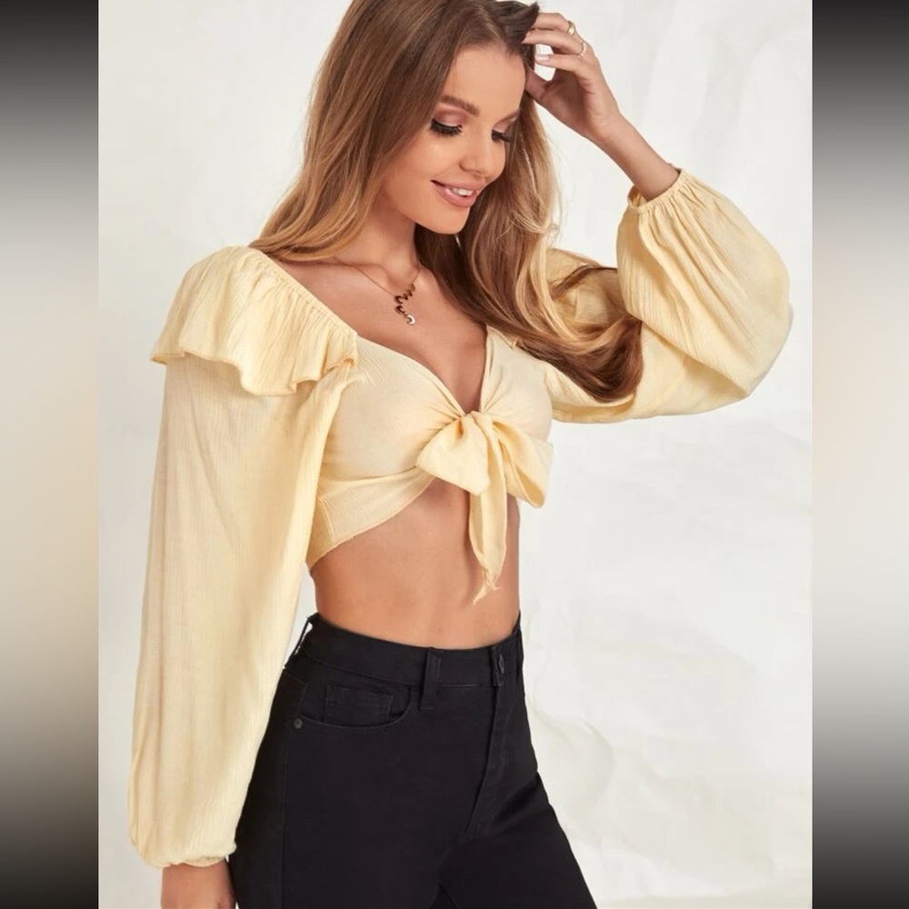 Ruffle Trim Knot Front Bishop Sleeve Crop Top